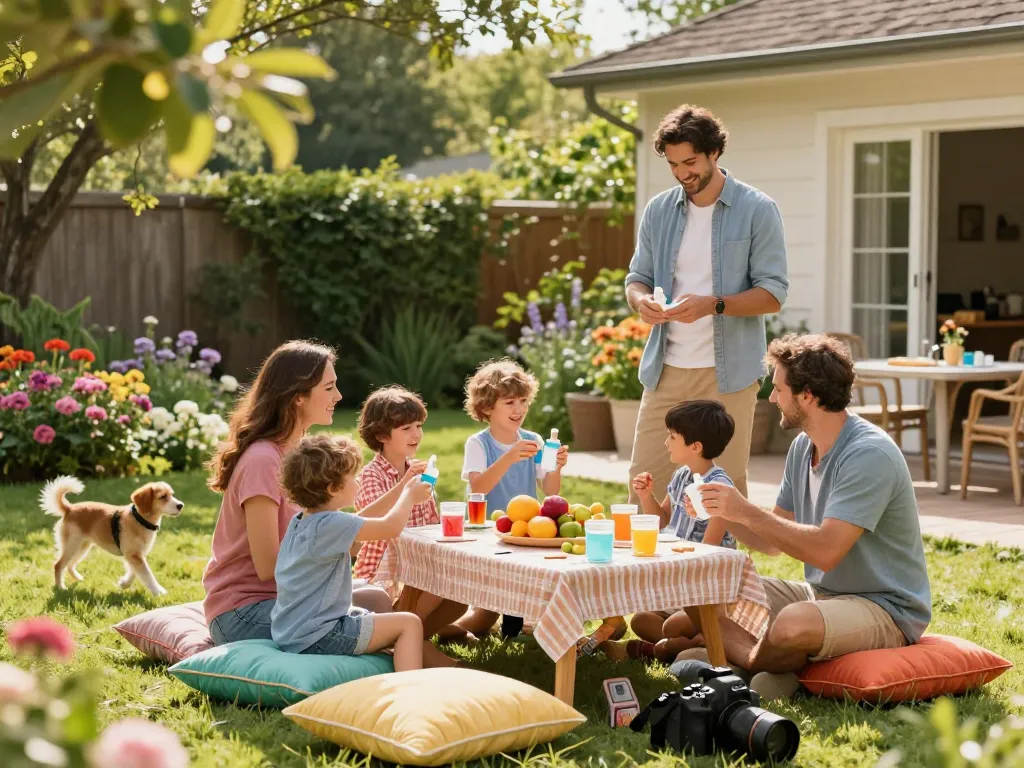 Family applying mosquito repellent during an outdoor barbecue for effective protection.