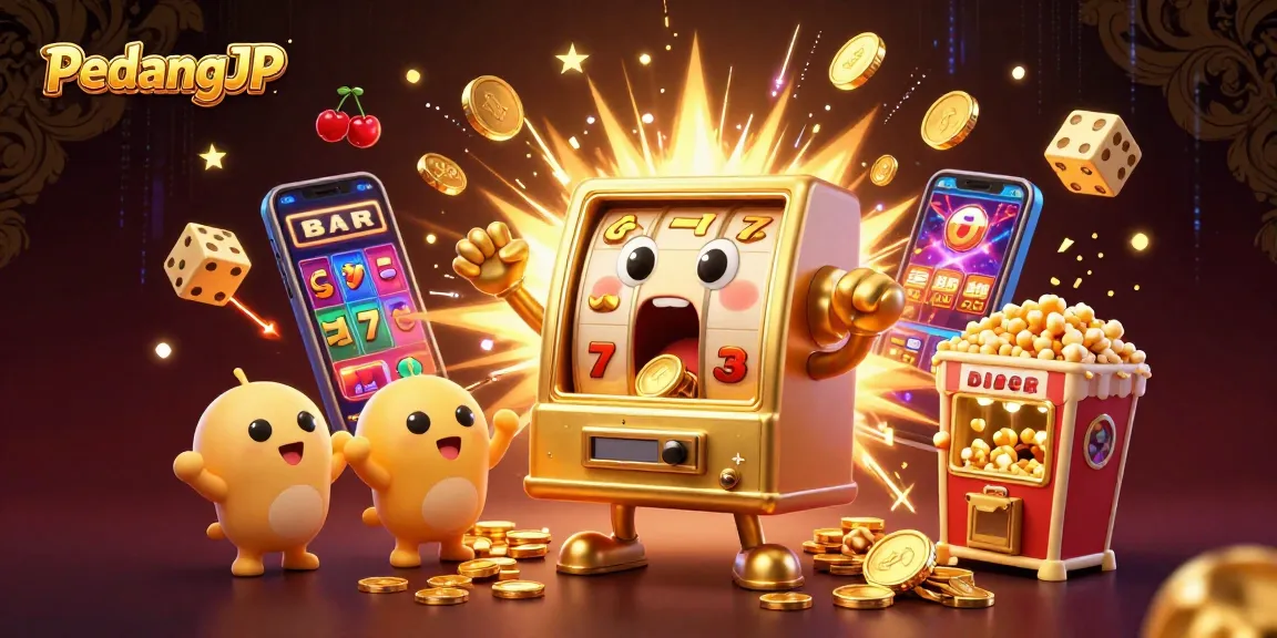 Mesin slot emas PedangJP merayakan jackpot dengan koin berjatuhan dan mesin slot bayi bersorak.
