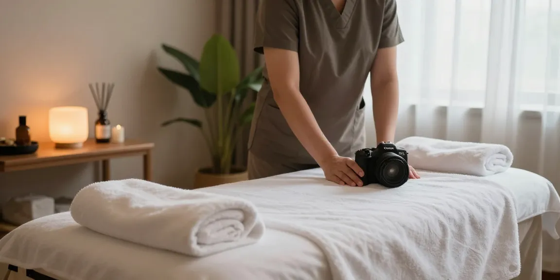 마사지 therapy session setup with calming atmosphere and essential oils.