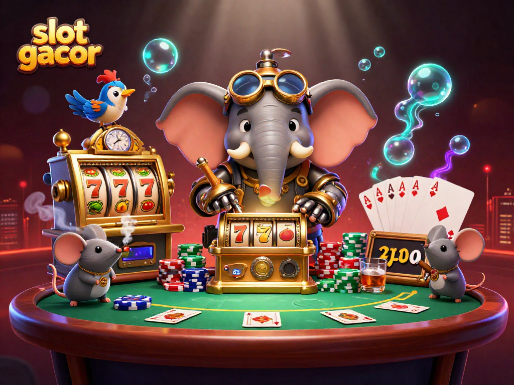 Gambar slot gacor dengan elemen visual slot dan poker, berkonsep 3D yang detil.