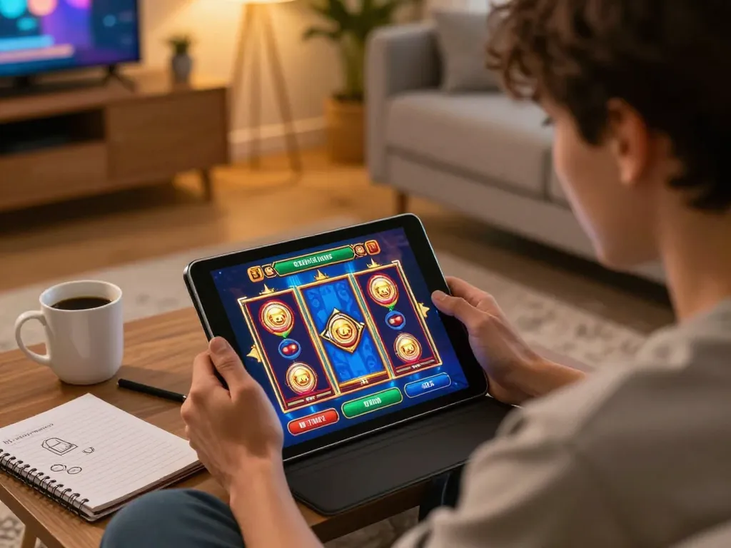 Engaging in a slot game on a tablet, exploring situs slot gacor in a cozy home setting