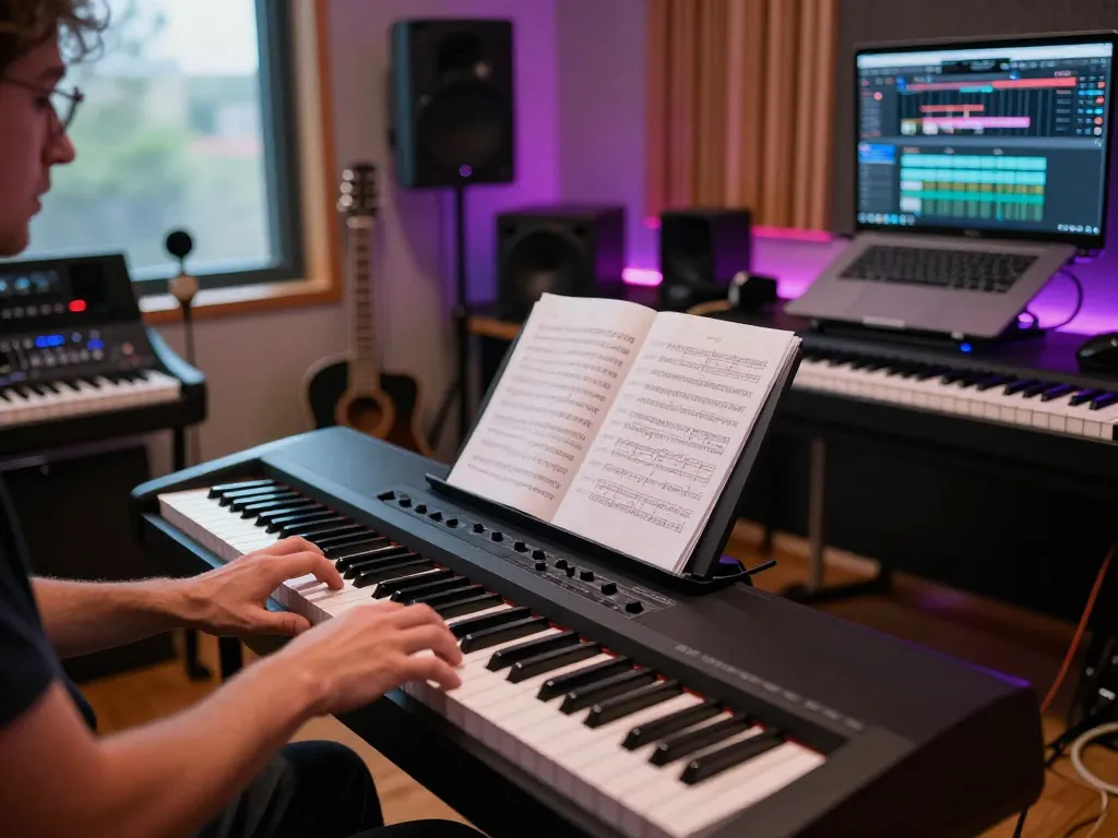 Engaging musician playing the GO 88 digital piano in a vibrant studio setting.