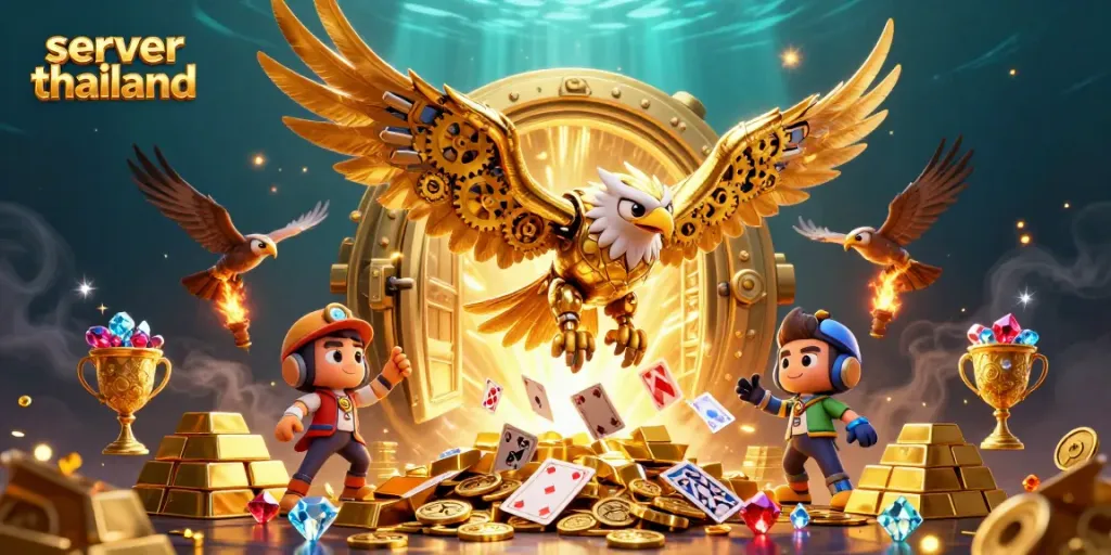 Engage with server thailand through a cybernetic eagle diving amidst vibrant casino elements.