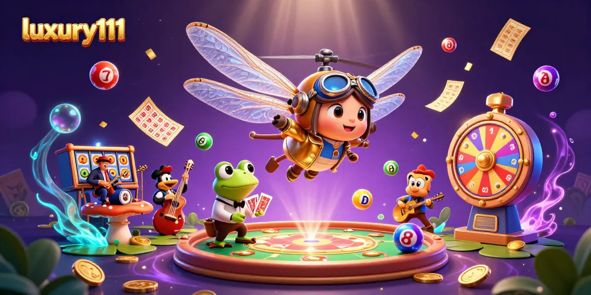 Experience dynamic gameplay at luxury111, where a vibrant casino scene combines a dragonfly pilot and frog dealer.