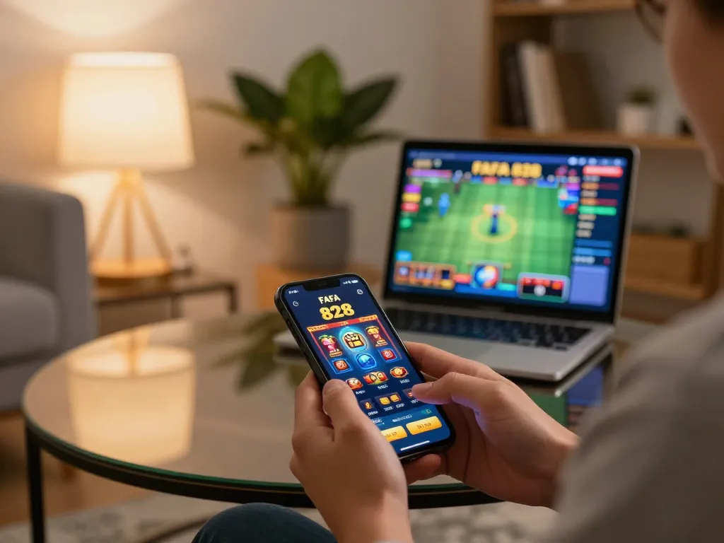 Player using FAFA 828 casino app on a smartphone, showcasing mobile gambling strategy.