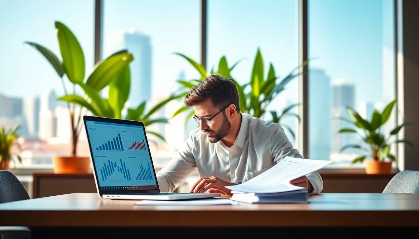 Utilize AI for competitor analysis with a professional examining data in a modern workspace.