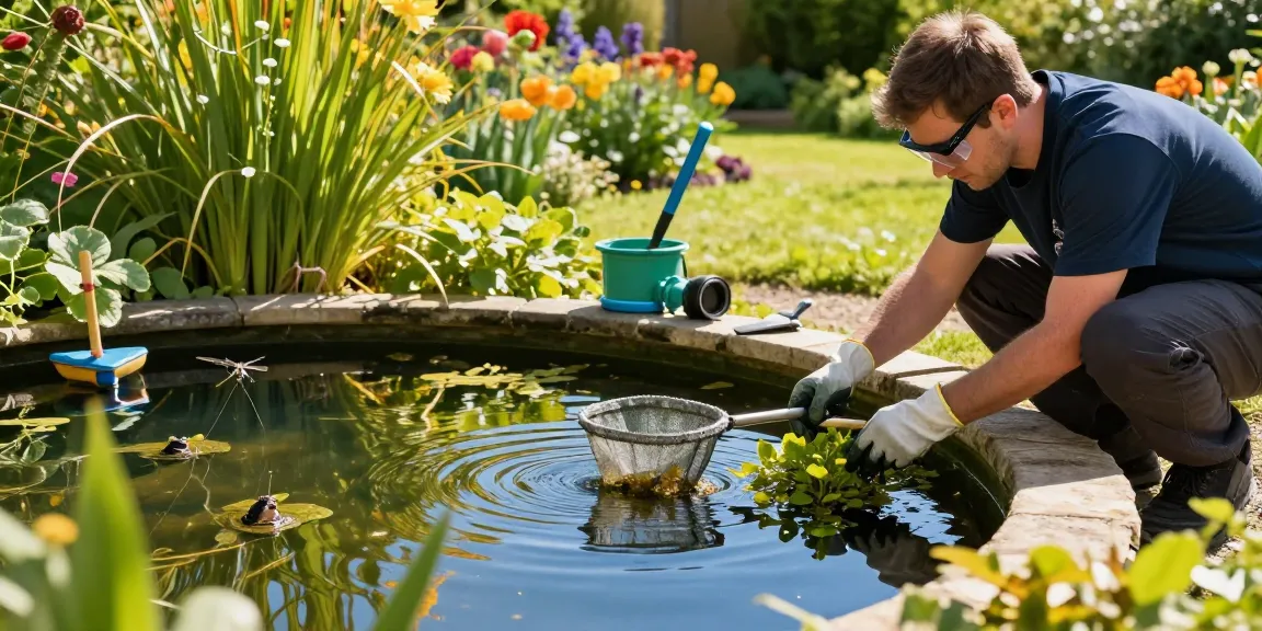 Pond Cleaning Sussex service in action, technician removing debris from vibrant garden pond surrounded by lush greenery and flowers.