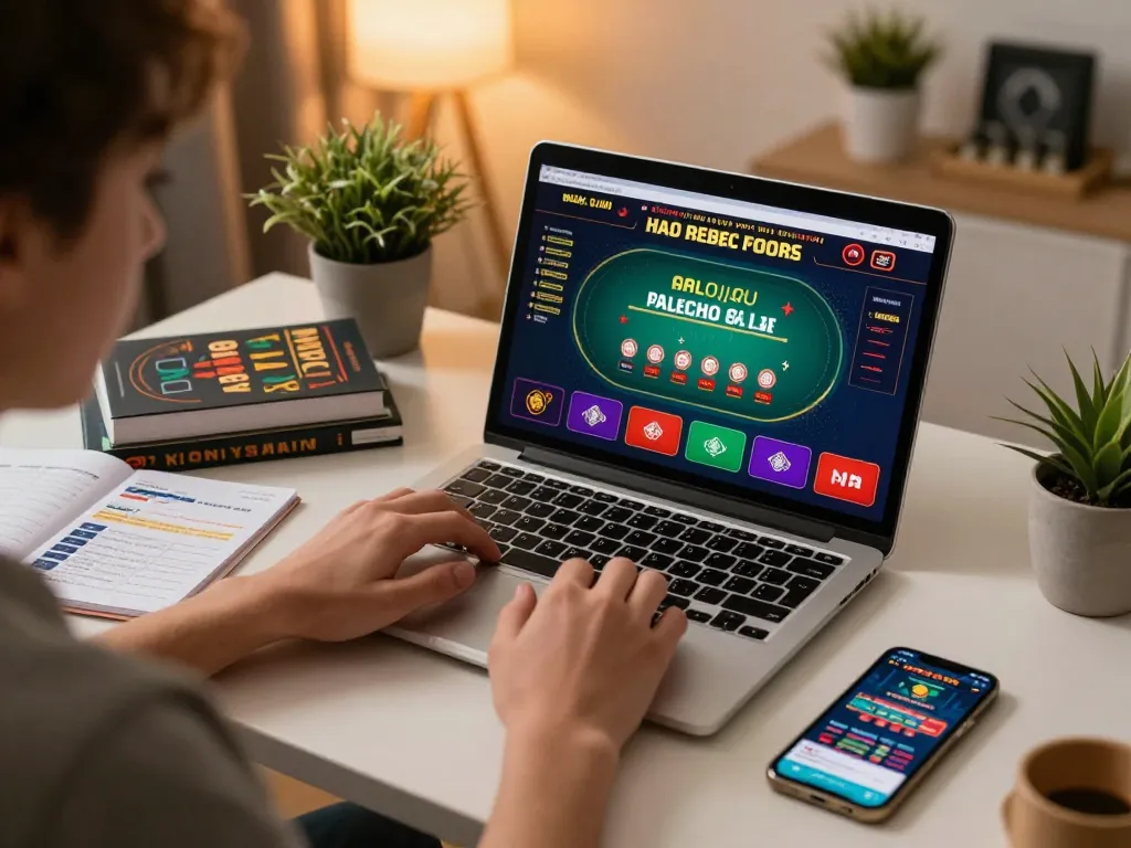 Agen Casino Online gameplay on a laptop in a cozy home office setting, with strategy notes and a smartphone visible.