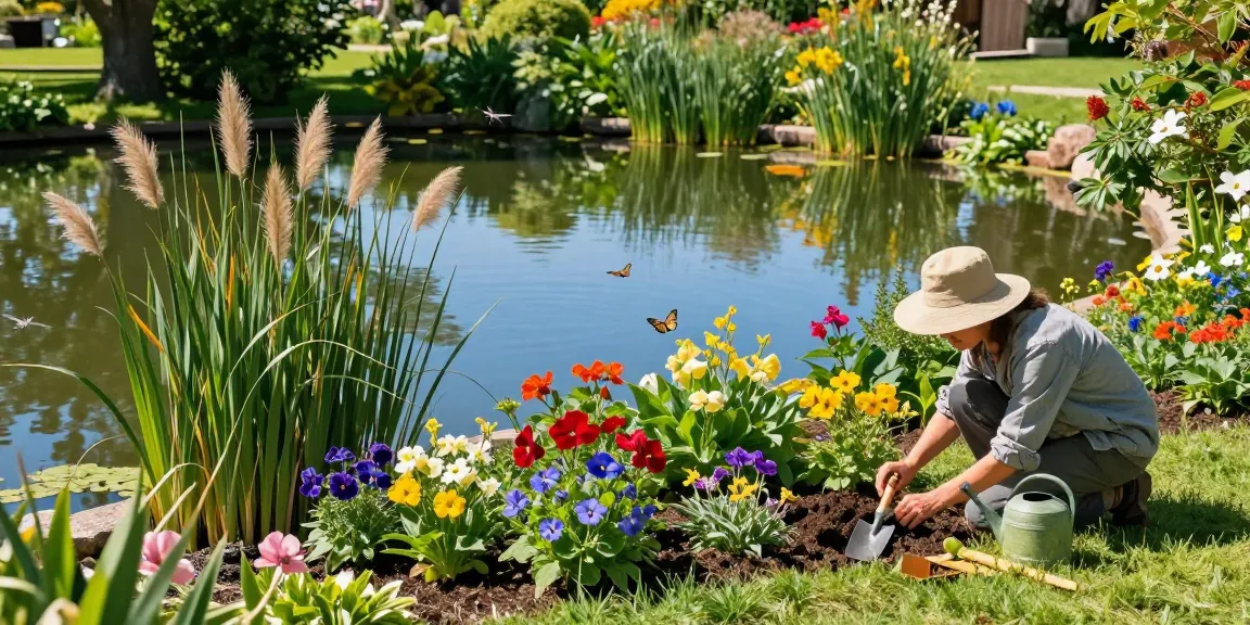 Marginal Pond Plants flourishing at garden pond's edge, gardener planting vibrant flora surrounded by nature.