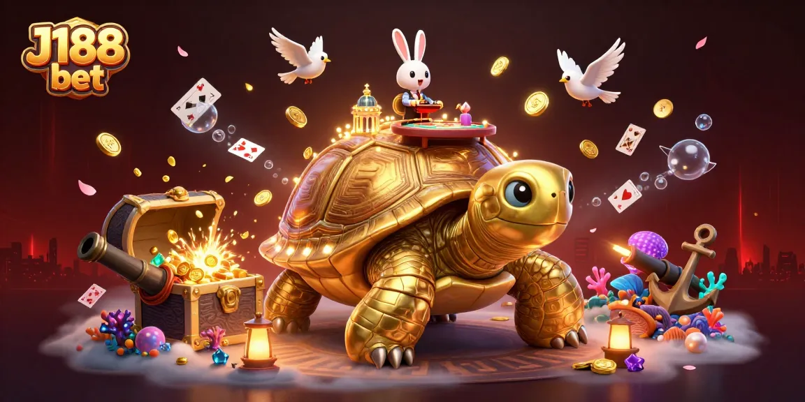 Experience thrilling gaming action with J188 bet at a vibrant 3D casino with golden tortoise and rabbit dealer.