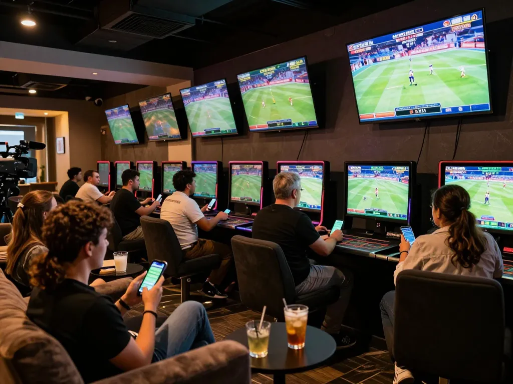 Sports enthusiasts engaging with mobile apps on reputable siti di scommesse stranieri in a vibrant betting lounge.