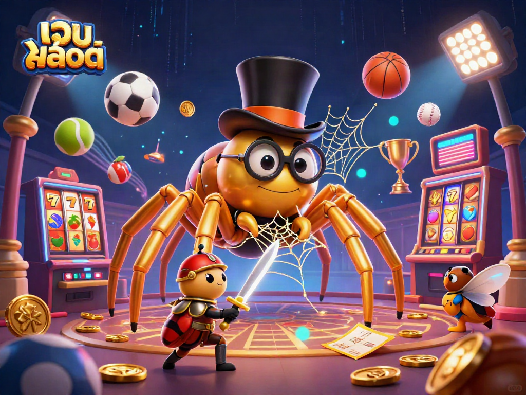 Spin Web of Wins with เว็บสล็อต: Explore thrilling slot adventures with a golden tarantula and beetle knight.