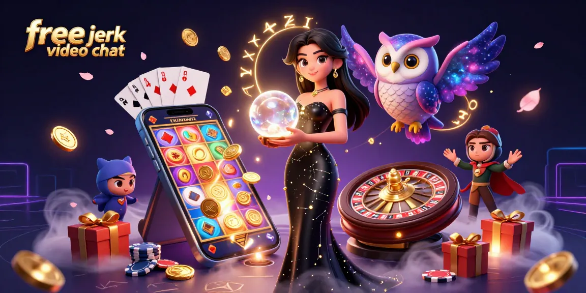 Engage in free jerk video chat with verified users in a vibrant casino-themed illustration.