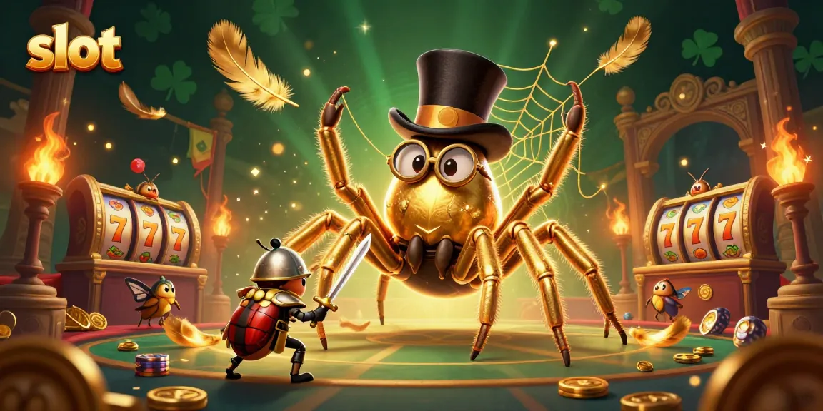 Spin and win in a vibrant slot game scene featuring a golden tarantula and beetle knight.