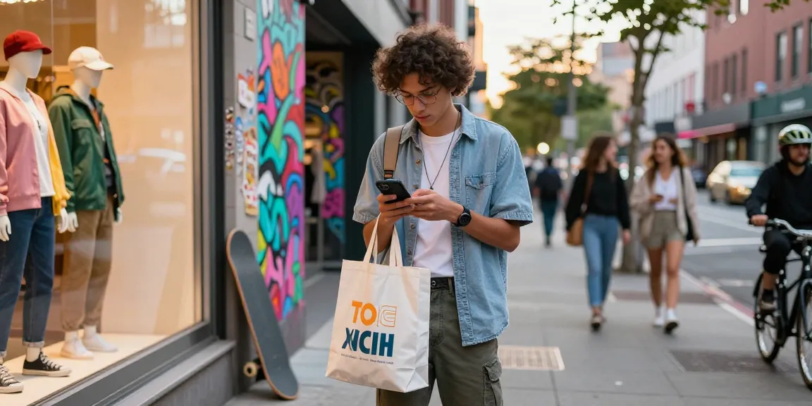 Youthful fashion enthusiast exploring https://shs-dome5.com/ mobile shopping in vibrant urban setting.