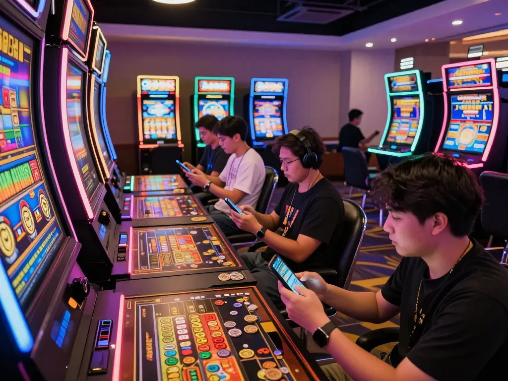 Pemain menikmati situs slot gacor di ruang permainan yang semarak, menunjukkan kegembiraan dan interaksi.