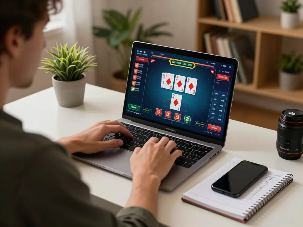 Player engaged in online poker at home, highlighting hidden wiki dark web connections in a strategic gaming environment.