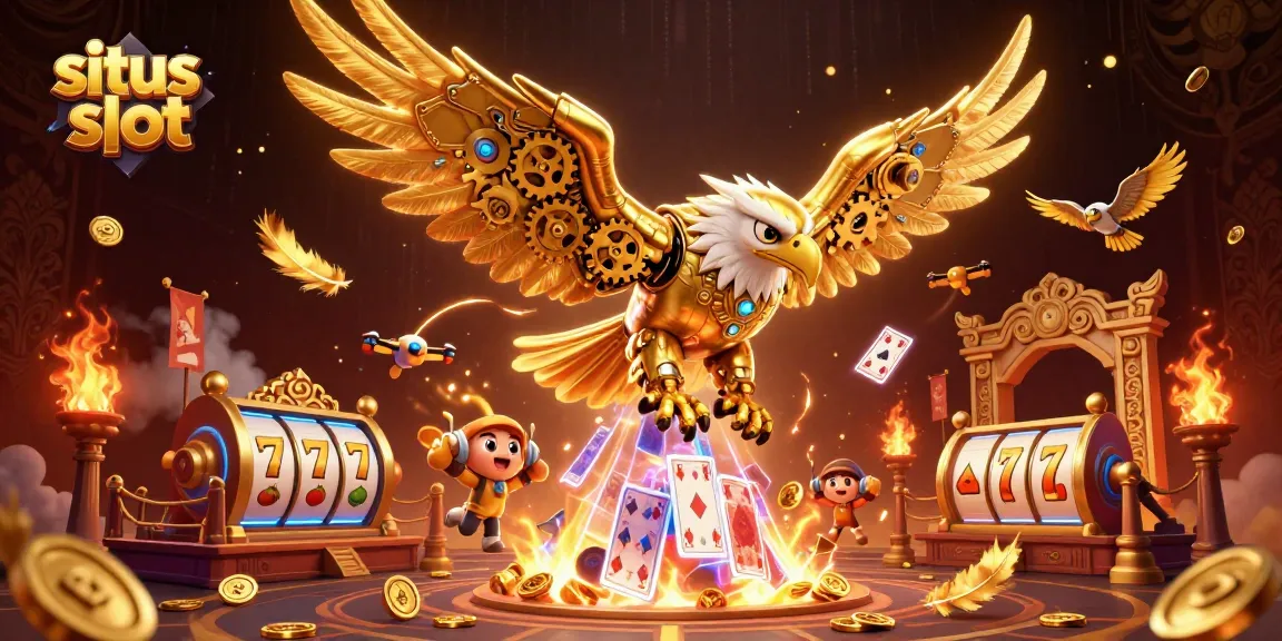 Swing into action at situs slot with a vibrant illustration of a cybernetic eagle navigating holographic cards and slot reels.