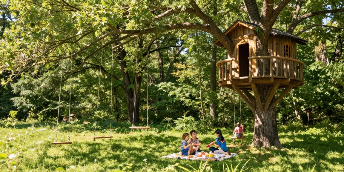 Family enjoying treehouses in a serene forest setting, playing and exploring.