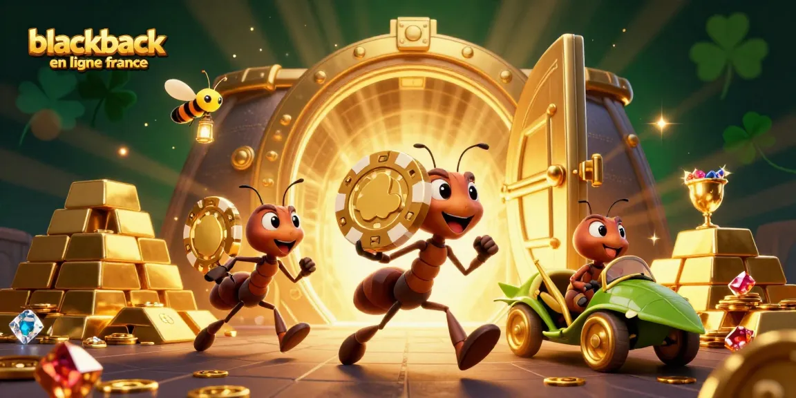 Jouez au blackjack en ligne France avec une illustration dynamique d'une équipe de fourmis volées et scintillantes.