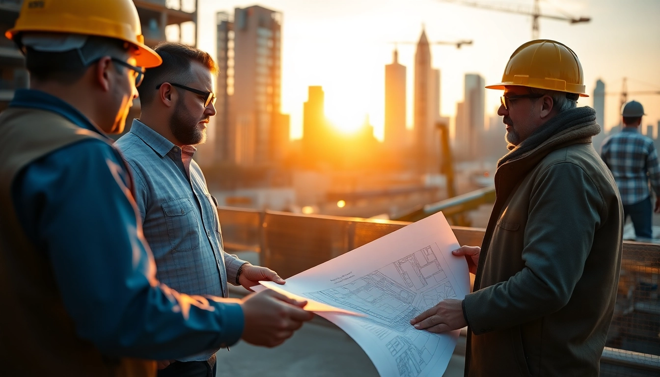 Manhattan Construction Manager assessing blueprints at a vibrant Manhattan construction site.