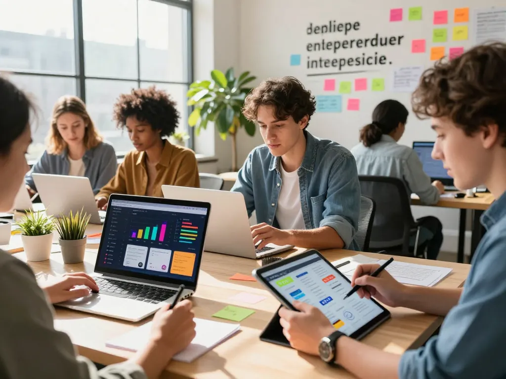 Buy PLR Digital Products in a vibrant digital workspace with entrepreneurs collaborating and creating content.