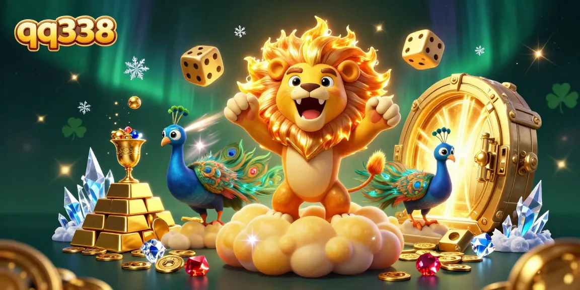 Spin for treasures with qq338's golden lion and vibrant casino elements illuminated in a dazzling scene.