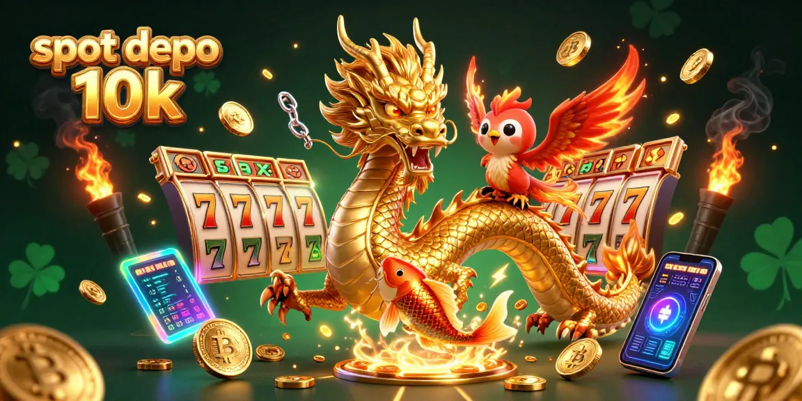 Spin to win big with exciting games at slot depo 10k featuring a golden dragon amidst coins and slot reels.