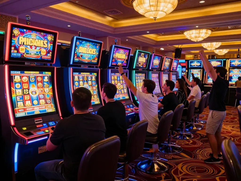 Pemain menikmati pengalaman slot gacor yang meriah di kasino warna-warni dengan mesin yang cerah.