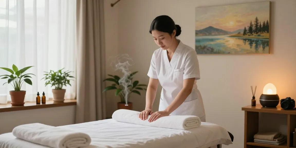 Massage therapy room with calming ambiance, therapist ready with essential oils and soothing music.