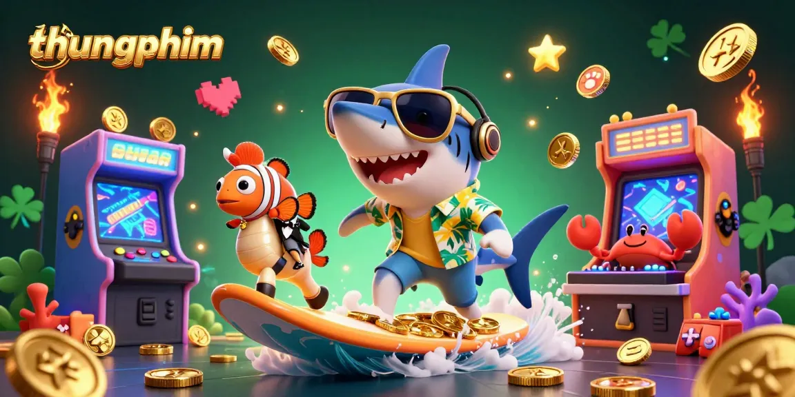 Experience thungphim with a vibrant 3D casino scene featuring a shark surfing on gold coins.