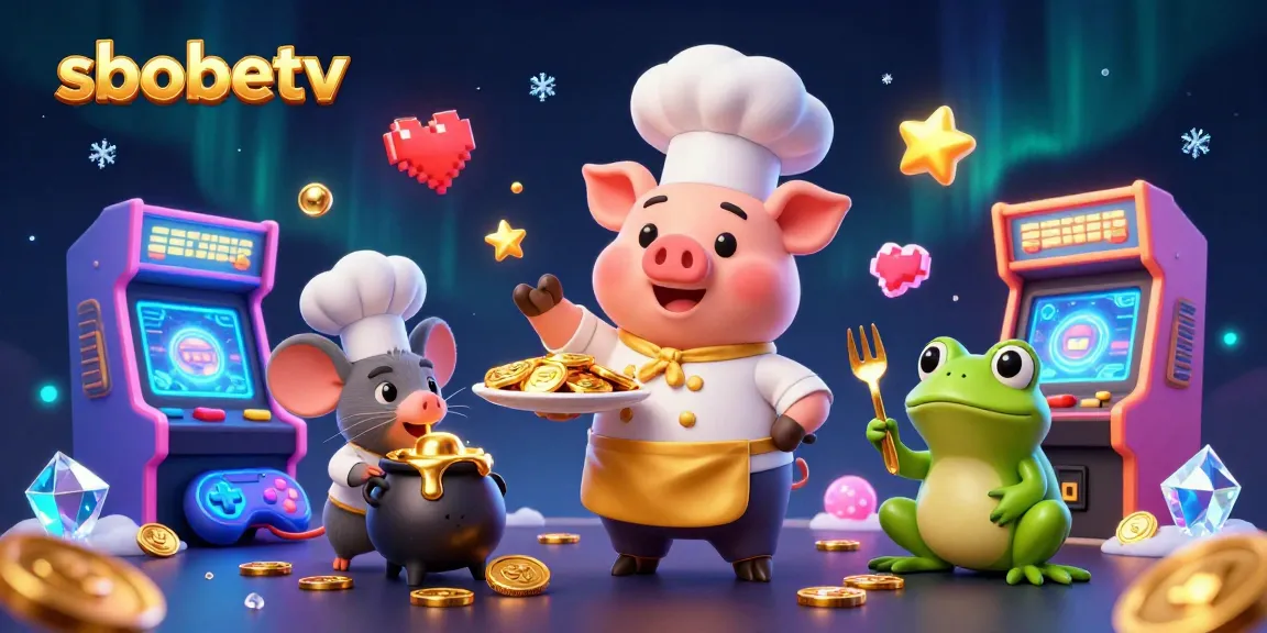 Experience sbobetv's thrilling casino action with animated chef pig, sous-chef mouse, and frog critic.