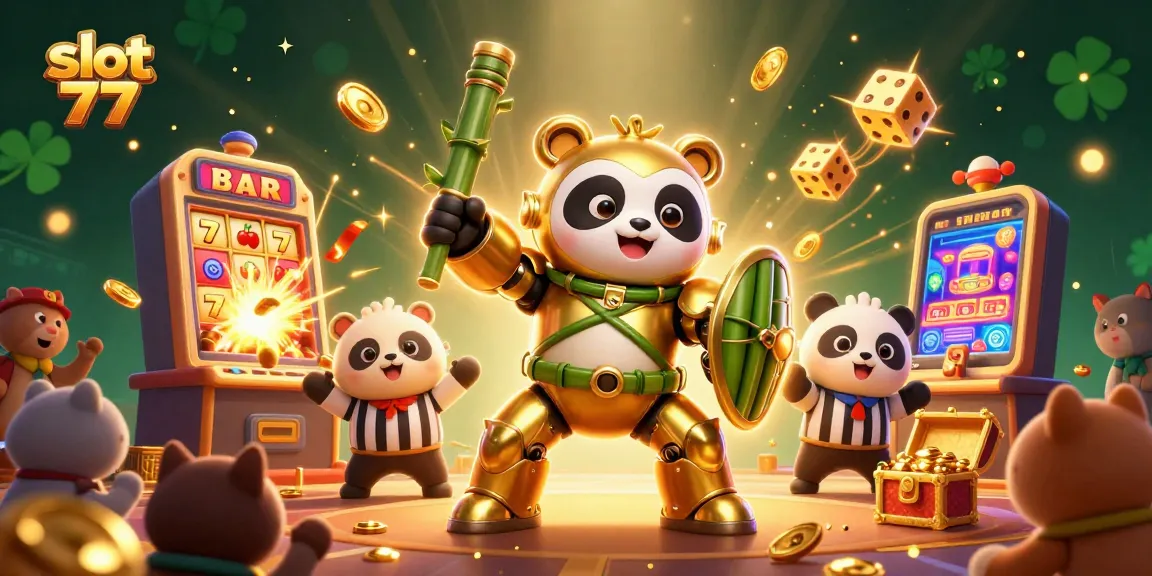 Putar permainan slot 777 dengan karakter panda emas yang mengemudikan robot bertemakan bambu.