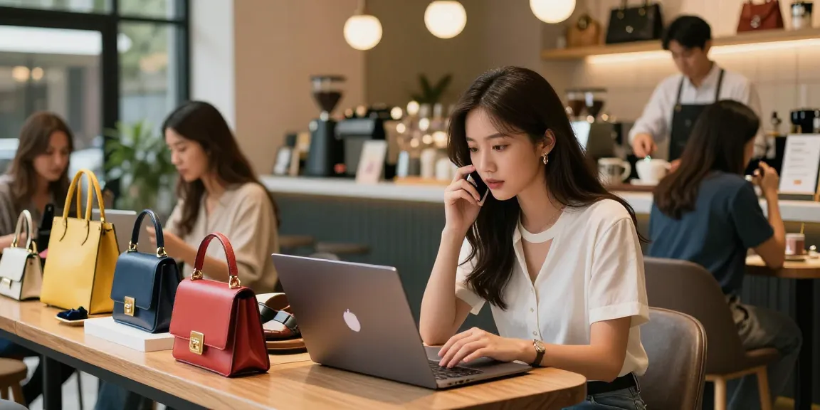 Engaging shopping atmosphere in a 레플리카 쇼핑몰 at a trendy café with stylish products.