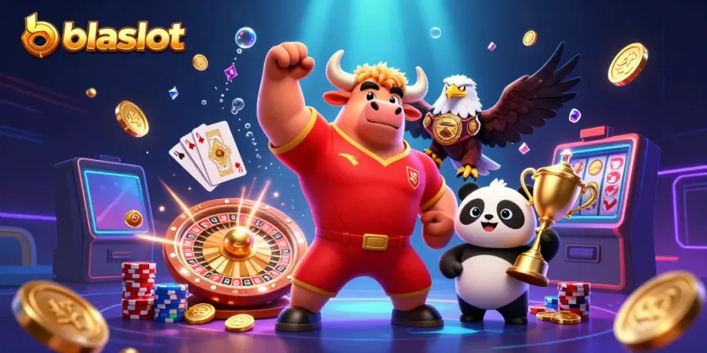 Bolaslot showcases a dynamic 3D scene with a bull mascot, eagle, and panda amidst casino elements, celebrating a winning atmosphere.