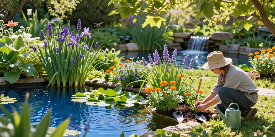 Marginal Pond Plants thriving beside a tranquil garden pond, gardener planting flowers amidst a serene atmosphere.