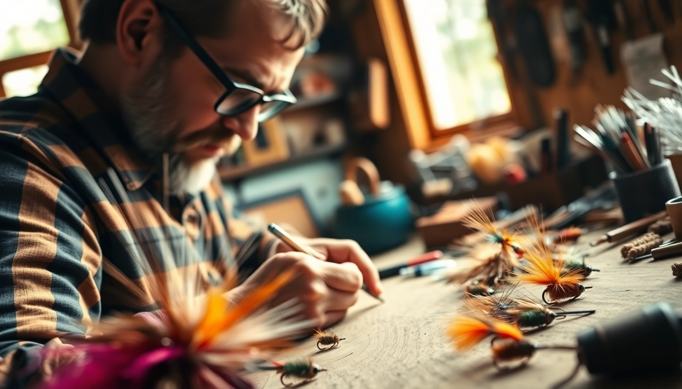 Engaging in fly tying, a skilled artisan designs intricate fishing flies on a wooden workbench.
