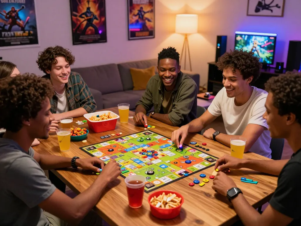 Friends enjoying an engaging game night focused on ia +18 entertainment with vibrant decor.