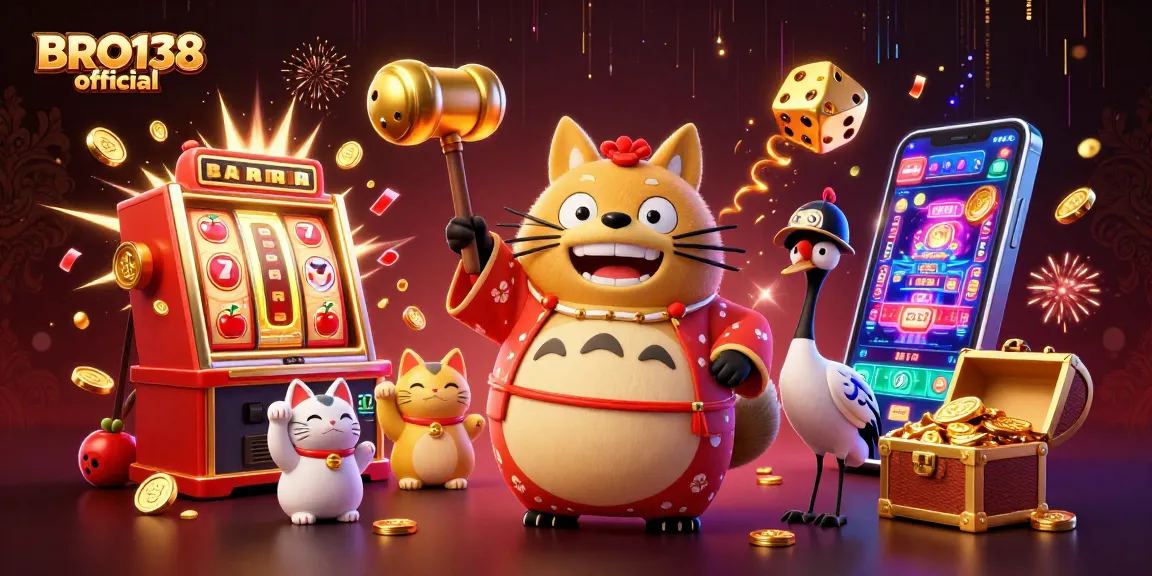 Experience vibrant fun with BRO138 official as cheerful tanuki celebrates jackpots in exciting casino ambiance.
