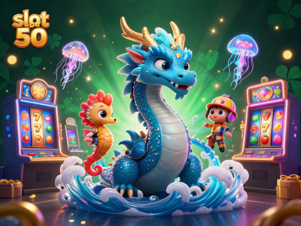 Spin the reels with slot bet 50, featuring a dragon, seahorse knight, and neon jellyfish in a vibrant casino scene.