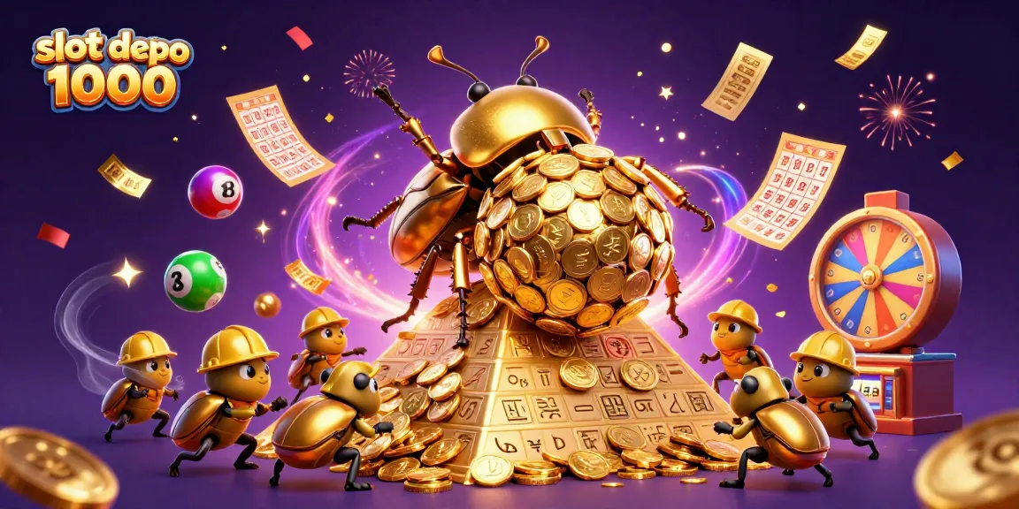 Memenangkan slot depo 1000 dengan simbol kasino menarik dan peluang besar dalam ilustrasi 3D yang dinamis.