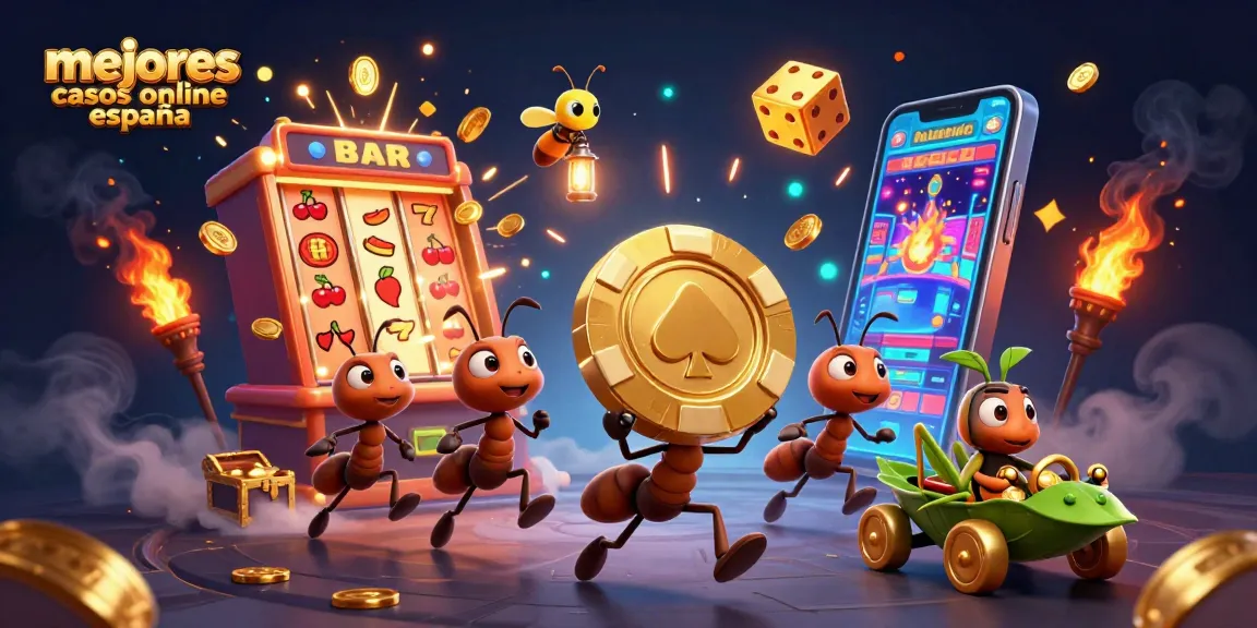 Imagina los mejores casinos online en España con una escena llena de acción de hormigas robando fichas de póker doradas.