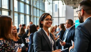 Engaging professional seeking job in chicago at a bustling job fair, showcasing diverse interactions.