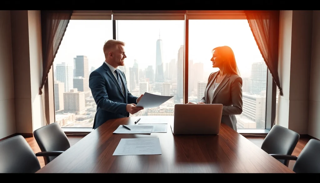 Real Estate agent consulting with a client in a modern office setting with vibrant city views.