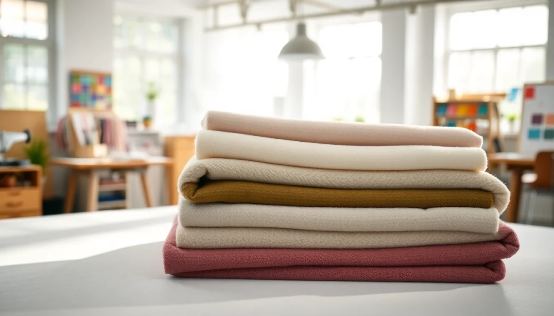 Fleece stof op een ontwerp tafel met verschillende kleuren en structuren in een inspirerende omgeving.