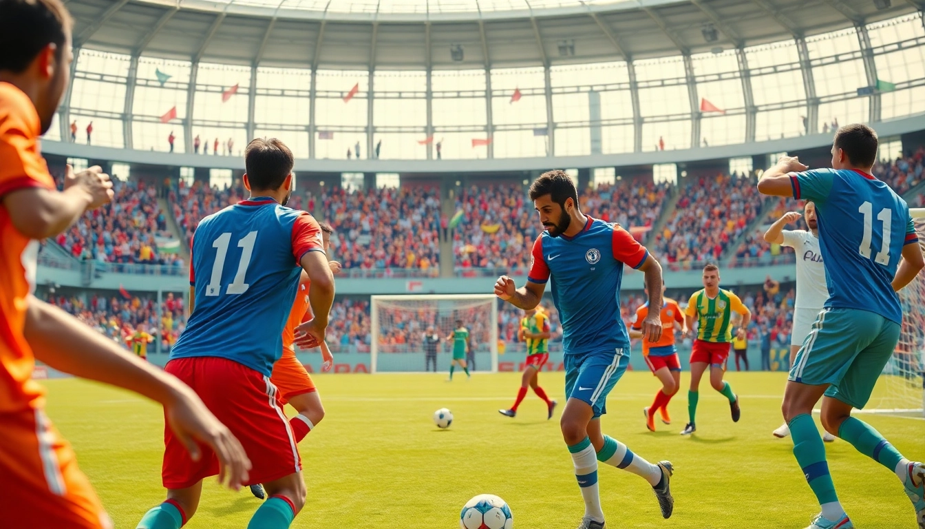 축구중계 중 열정적으로 경기를 펼치는 축구 선수들의 활기찬 모습