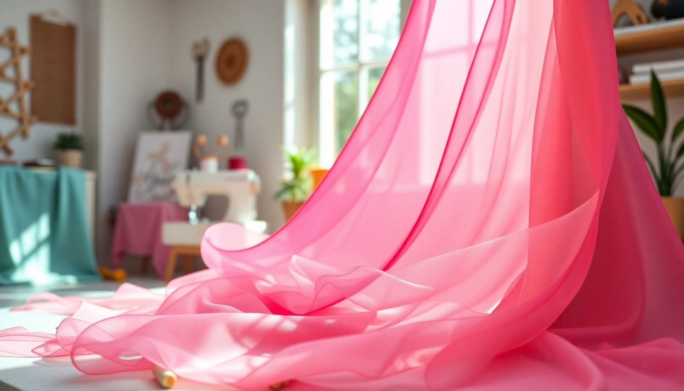 Mousseline fabric displayed creatively in a bright studio, highlighting vibrant colors and texture.