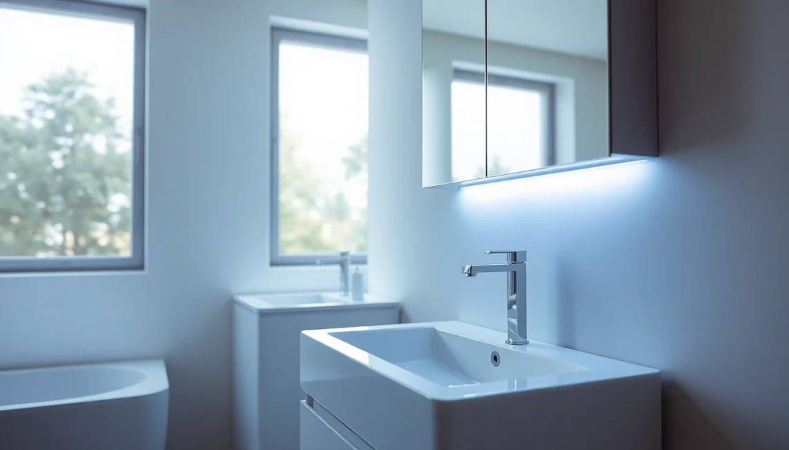 Spiegelschrank led mit stilvollem Design und heller Beleuchtung im Badezimmer präsentieren.