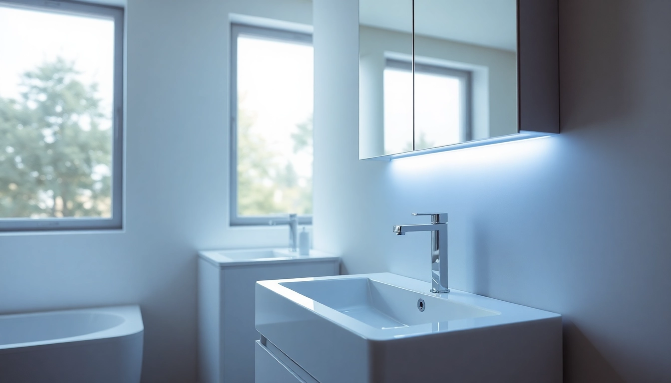 Spiegelschrank led mit stilvollem Design und heller Beleuchtung im Badezimmer präsentieren.