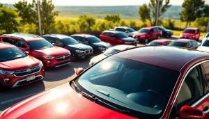 Showcase of vehicles to Buy a car with bright sunlight highlighting quality models and vibrant outdoor setting.